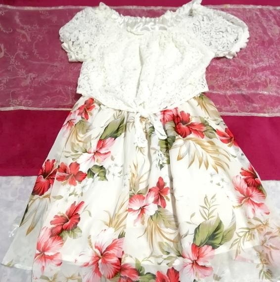 White top lace floral dress skirt one piece, dress & knee length skirt & M size