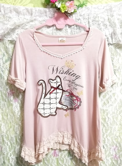 粉色米色可爱猫咪印花丝带蕾丝短袖上衣粉色米色可爱猫咪印花丝带蕾丝短袖上衣
