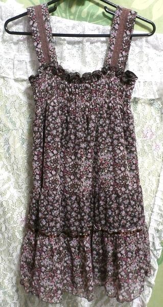 Brown flower pattern ruffle camisole mini / onepiece / skirt, dress & knee length skirt & M size