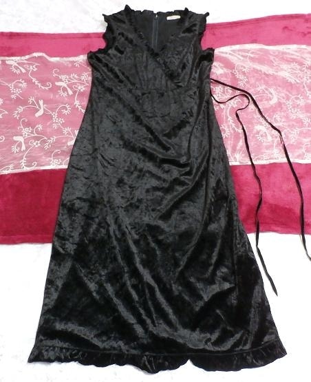 Schwarzes, ärmelloses Nachthemd aus Velours, langer Rock, mittlere Größe