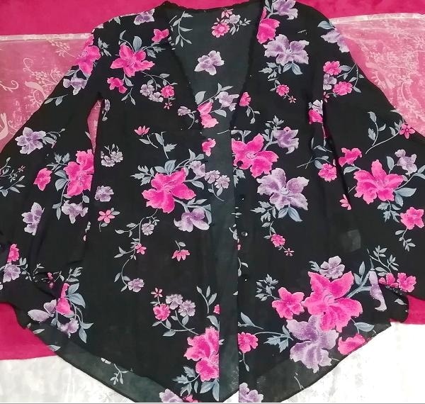 Style kimono noir bleu marine tunique motif fleur / cardigan, mode femme et cardigan taille M