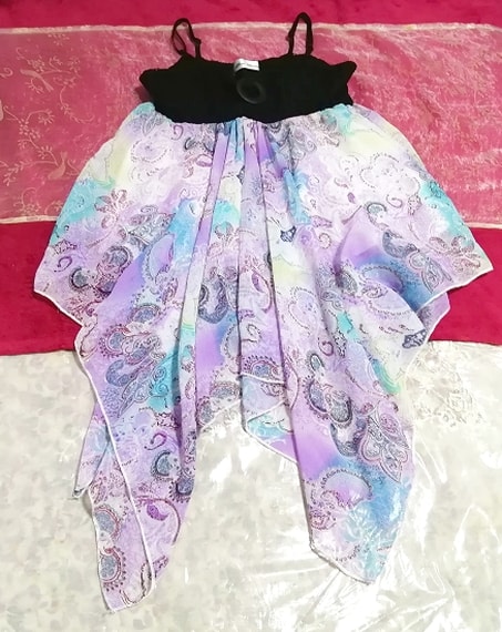 黒トップス紫エスニック柄シフォンスカートキャミソール Black tops purple ethnic pattern chiffon skirt camisole