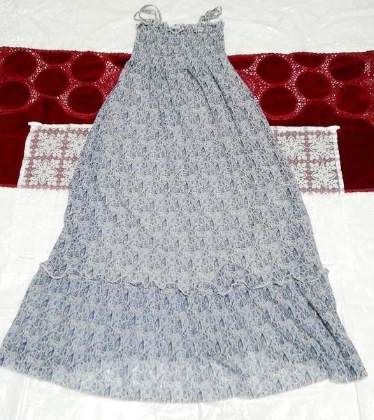 蓝灰色民族图案雪纺吊带背心超长连衣裙，连衣裙和长裙&M尺寸
