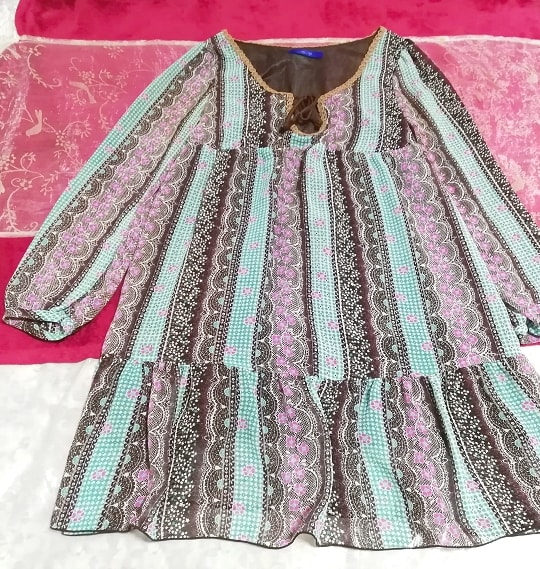 日本製水色紫花柄シフォン紐付長袖チュニックトップス Made in Japan light blue purple floral chiffon long sleeve tunic tops