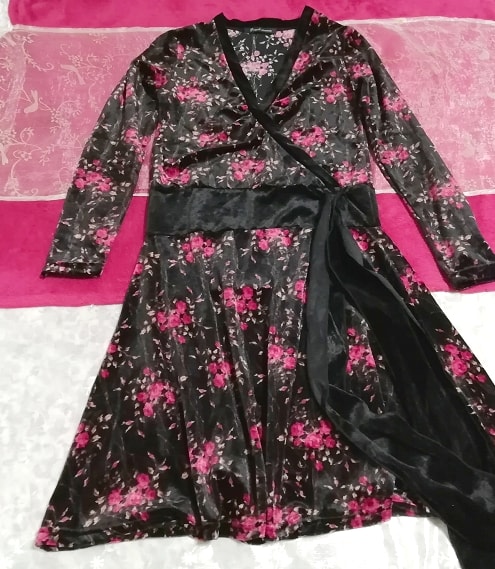 黒ブラック花柄ベロアVネック長袖チュニックワンピース Black floral pattern velour v neck long sleeve tunic onepiece dress