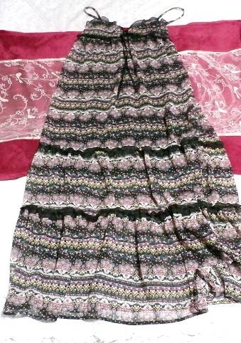 Black ruffle v-neck ethnic pattern chiffon negligee nightgown camisole maxi dress, long skirt, m size