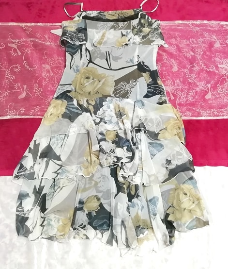 グレー花柄シフォンキャミソールフレアスカートワンピーストップス日本製 Gray black flower pattern chiffon camisole skirt/onepiece
