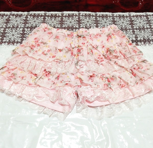 ピンク花柄段フリルキュロットスカート Pink floral step frilled culottes skirt