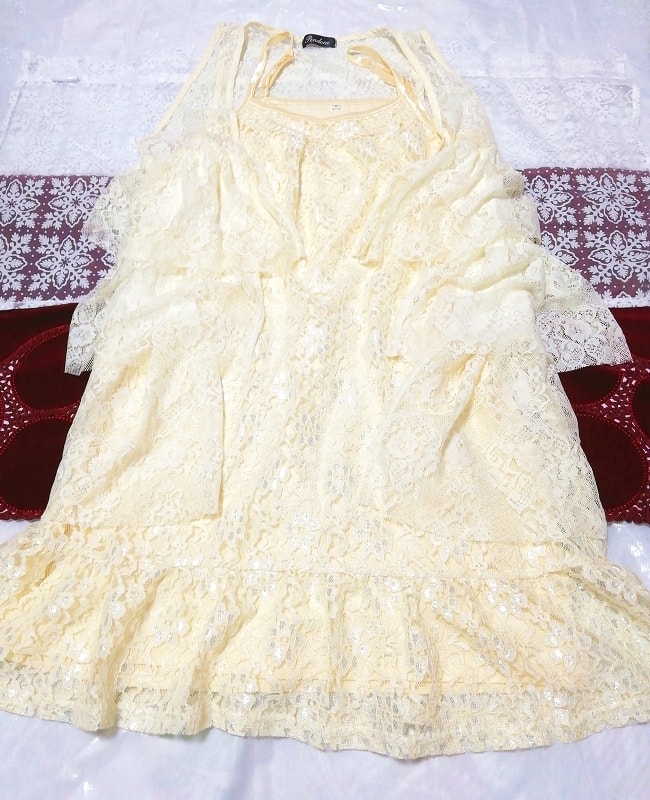 ثوب نوم دانتيل بلون الكريم، فستان هاوري، قميص بيبي دول، 2 قطعة, فستان, تنورة بطول الركبة, مقاس متوسط