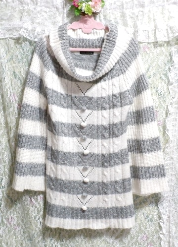 灰色と白色の縞々シマシマ柄風セーター/トップス/ニット Gray and white striped sweater/tops/knit