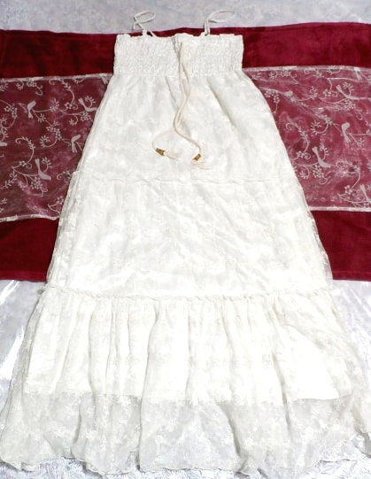 白ホワイト綿お花レースキャミソールマキシロングスカートワンピース White cotton lace camisole maxi long skirt onepiece