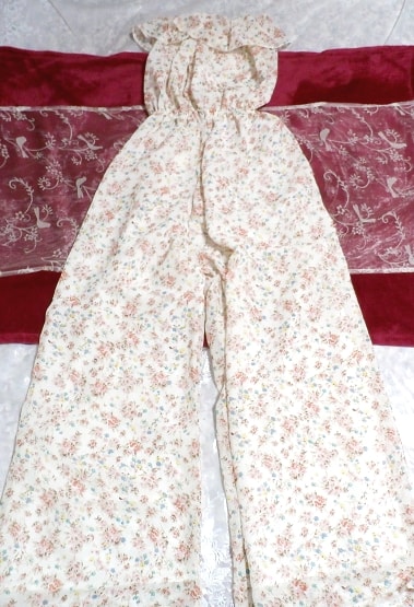 白ホワイト花柄サラサラワンピースロングズボン White flower pattern onepiece long pants