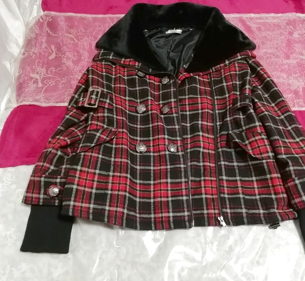 英国風赤黒チェック柄銀ボタンコートカーディガン/外套/アウター UK type red black check pattern silver button coat cardigan mantle