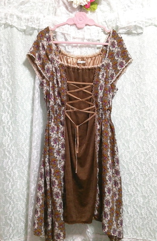 ブラウン花柄ベロアネグリジェチュニックワンピース Brown flower pattern velour negligee tunic dress, ワンピース, ひざ丈スカート, Mサイズ