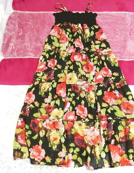 黒トップス赤緑花柄スカートキャミソールマキシワンピース Black tops red green floral skirt camisole maxi onepiece