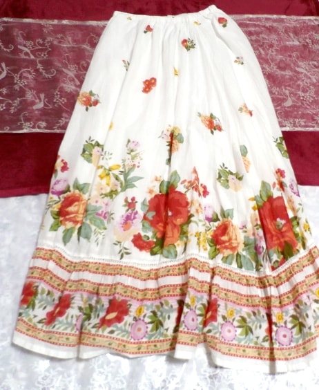 インド製綿コットン100%白と花柄のロングマキシスカート Made in India cotton 100% white flower pattern long maxi skirt