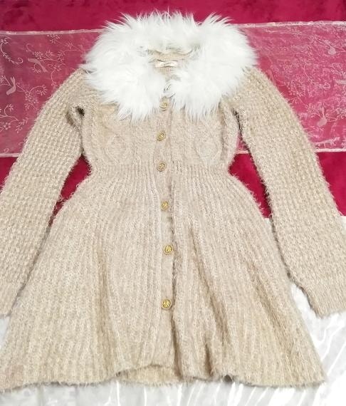 Белая пышная светло-коричневая туника в стиле юбки/свитера/вязания/топов, вязать, свитер, длинный рукав, средний размер