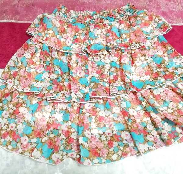 水色赤白ピンクブラウン花柄シフォン3段フリルミニスカート Light blue red white pink brown floral chiffon 3-tiered ruffle mini skirt