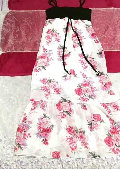 Black tops white pink floral print chiffon skirt maxi dress