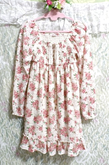 白ホワイトとピンク花柄レースガーリーチュニック/トップス White and pink floral pattern lace girly tunic/tops