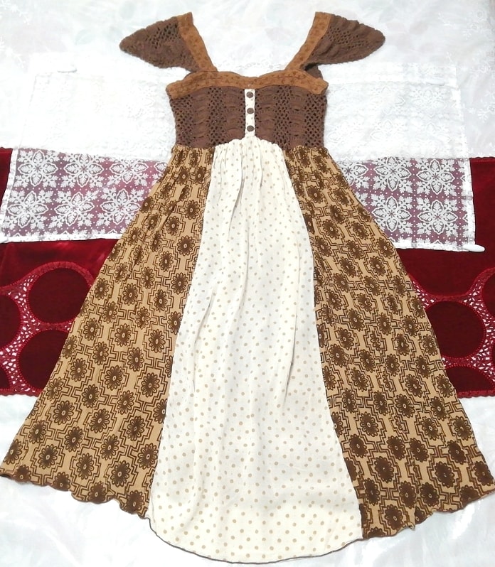 Braun-weißes Tunika-Nachthemd aus Baumwollspitze, Tunika, ärmellos, kein Ärmel, mittlere Größe