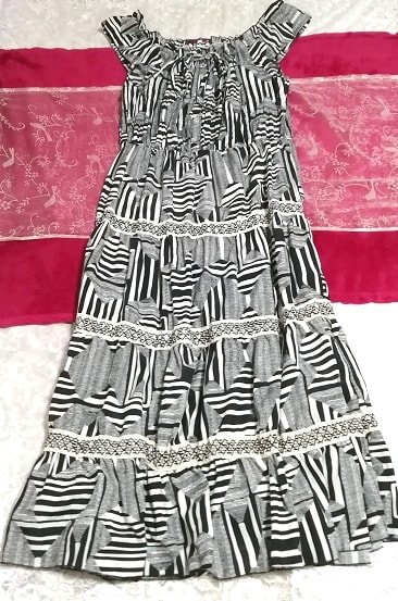 黒グレーチェック柄ロングスカートマキシワンピース Black gray check pattern long skirt maxi onepiece