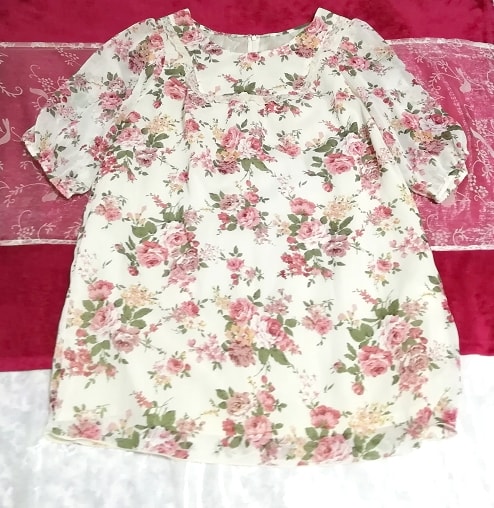 Flax color rose floral pattern chiffon short sleeve tunic / tops