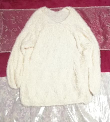 Белый пушистый длинный свитер с длинным рукавом с V-образным вырезом / трикотажный / топы Белый пушистый длинный свитер с длинным рукавом с V-образным вырезом / трикотаж / топы