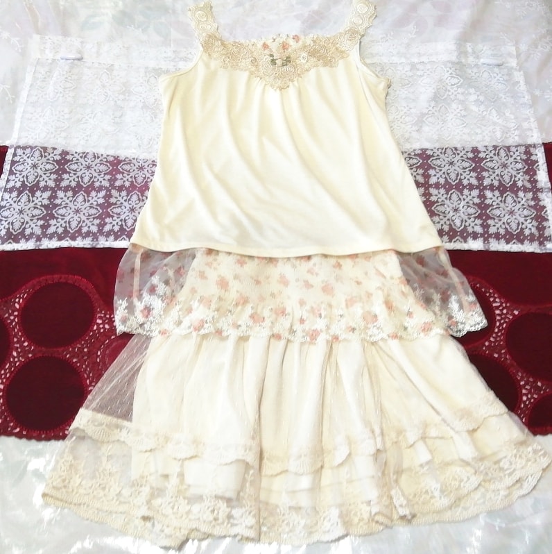 フローラルホワイト花刺繍キャミソール ネグリジェ レースミニスカート 2P Floral white embroidery camisole negligee lace mini skirt, ワンピース, ひざ丈スカート, Mサイズ