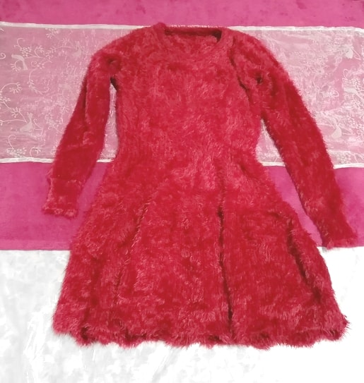Красно-винно-красный пушистый сплошной свитер-туника с длинными рукавами и вязанными топами
