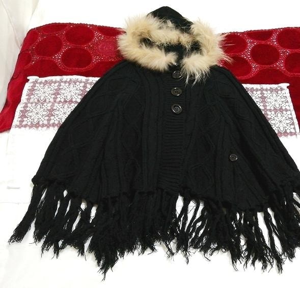 Cecil mcbee cárdigan tipo poncho con capucha de piel de mapache negro, tejer, suéter, manga larga, talla m