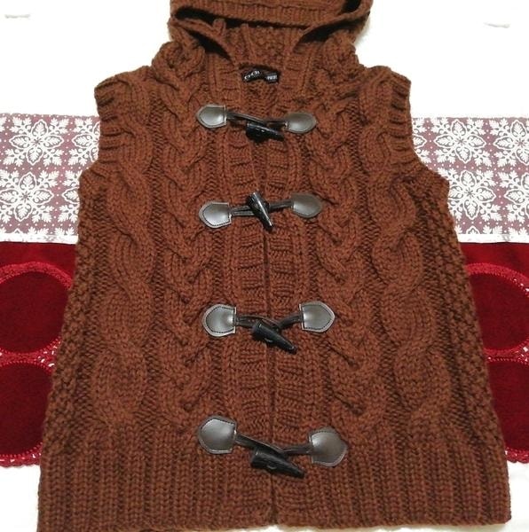 CECIL McBEE セシルマクビー ブラウンニットフードノースリーブベストカーディガン Brown knit hood sleeveless vest cardigan, レディースファッション&カーディガン&Mサイズ