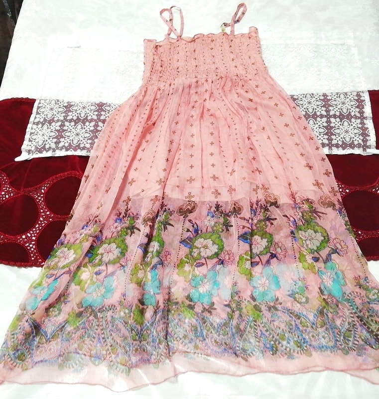 핑크 플로럴 시스루 미니스커트 쉬폰 나이트가운 캐미솔 드레스, 패션, 숙녀 패션, 캐미솔