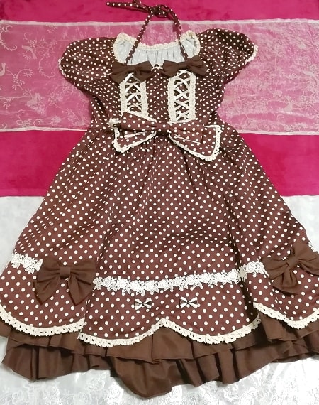 茶色ブラウンメイドゴスロリ白水玉柄スカートワンピース Brown maid gothic lolita white polka dot skirt onepiece