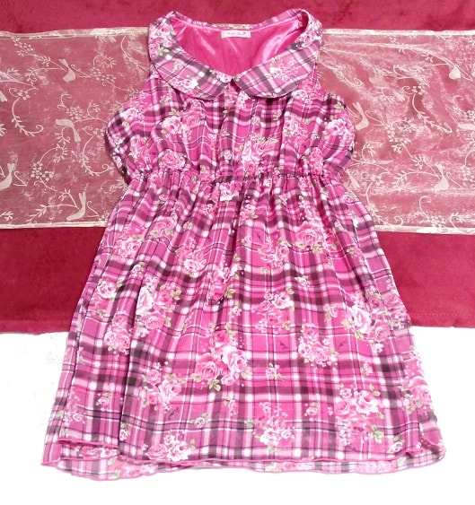 ピンク襟付き花柄ノースリーブミニスカートワンピース/チュニック Floral design pink collar sleeveless mini skirt onepiece/tunic