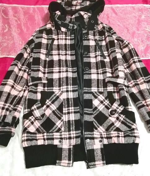 黒ピンクチェック柄フードコートカーディガン/外套/アウター Black pink check pattern hood coat cardigan mantle
