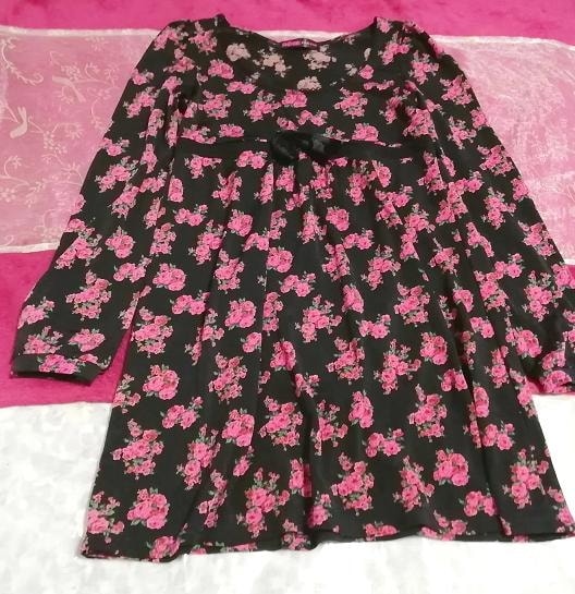 ROSE FANFAN 黒ピンクリボン花柄長袖チュニックワンピース Black pink ribbon floral long sleeve tunic onepiece, チュニック&長袖&Mサイズ