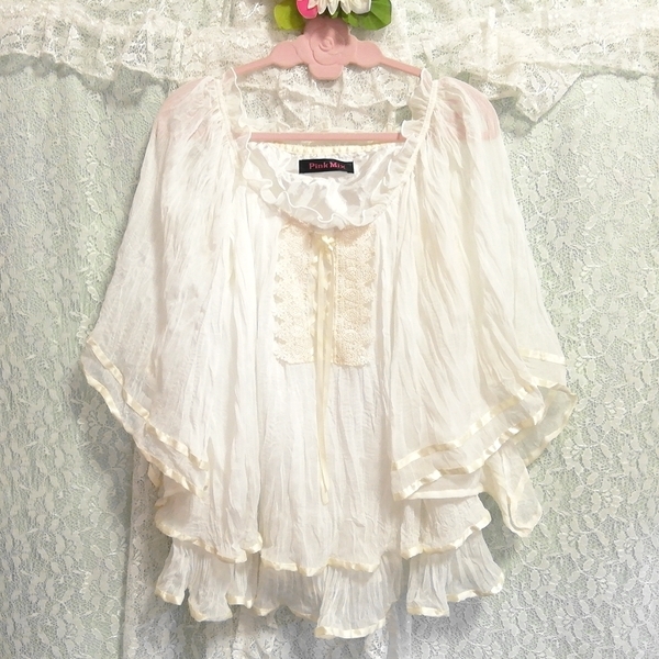 白ポンチョシフォンチュニックネグリジェ White poncho chiffon tunic negligee, チュニック, 半袖, Mサイズ