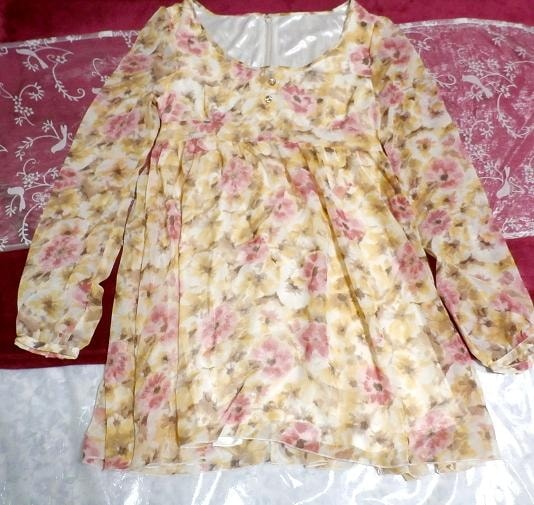 Light yellow pink flower pattern chiffon tunic / tops / onepiece, tunic & short sleeves & medium size