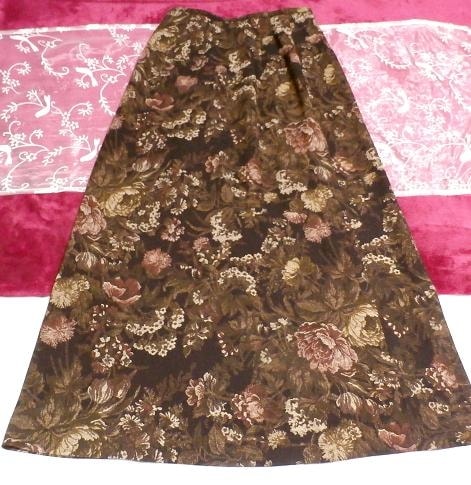 棕色棕色花卉图案长裙/下装, 长裙, 喇叭裙, 缩褶裙, 中等大小