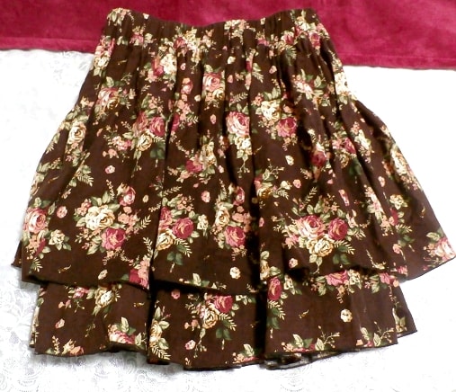 綿100%茶色ブラウン花柄2段フリルフレアミニスカート 100% cotton brown flower pattern 2 step ruffle flare mini skirt