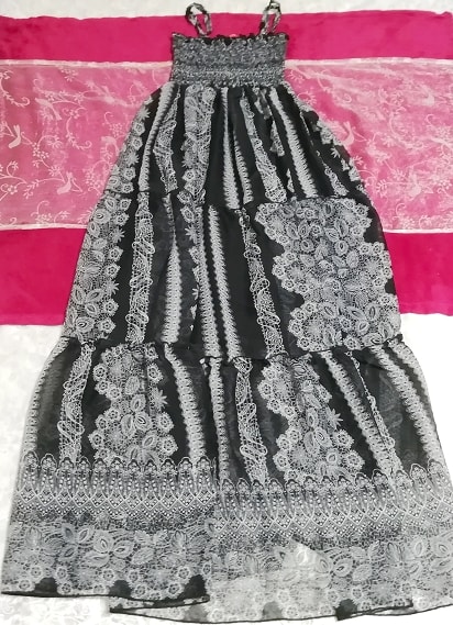 黒グレー不思議花柄シフォンキャミソールスカートマキシワンピース Black gray flower pattern chiffon camisole skirt maxi onepiece
