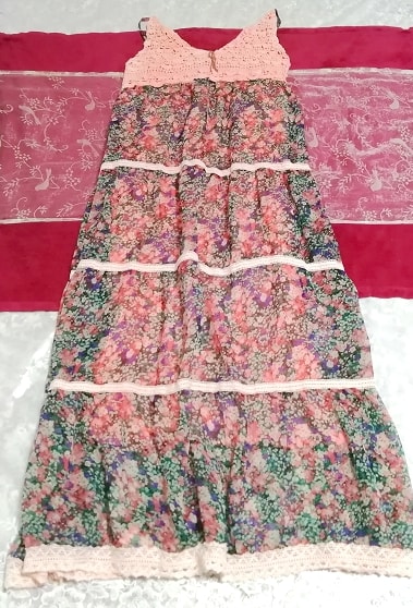 インド製ピンクレース花柄シフォンロングスカートマキシワンピース Indian made pink lace floral chiffon long skirt maxi onepiece