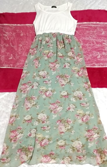 白トップス緑グリーン花柄シフォンロングスカートマキシワンピース White tops green floral pattern chiffon long skirt maxi onepiece