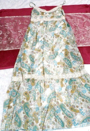 青緑フローラルホワイトエスニック柄シフォンマキシスカートワンピース Green blue floral white ethnic chiffon maxi skirt onepiece