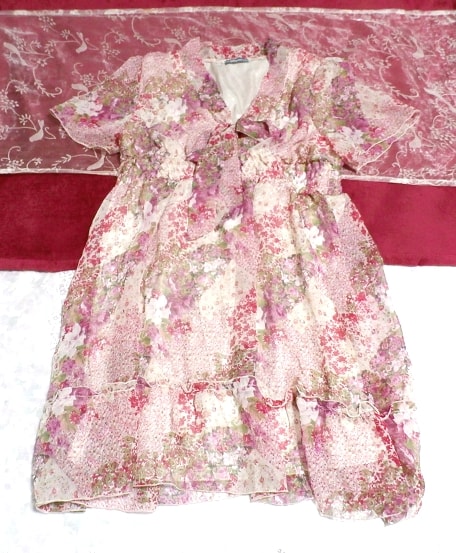 紫ピンク花柄シフォンフリルチュニックワンピース/トップス Purple pink floral pattern chiffon ruffle tunic onepiece/tops