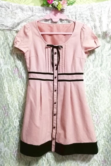 日本製ピンクベージュ黒裾フリルガーリー半袖チュニックワンピース Made in Japan pink beige black girly short sleeve tunic onepiece