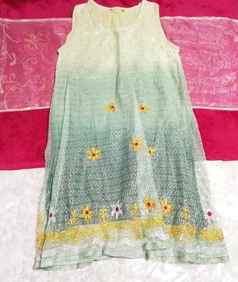 Green-yellow floral embroidery sleeveless tunic onepiece made in india, tunic & sleeveless, sleeveless & medium size