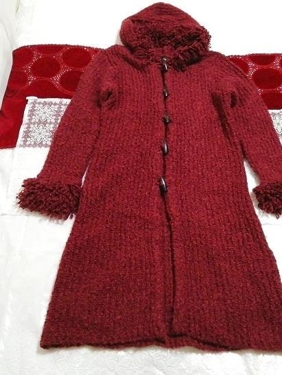 赤紫ワインレッドニットフード上着カーディガンコート Red purple wine red knit hood outerwear cardigan coat, レディースファッション, カーディガン, Mサイズ
