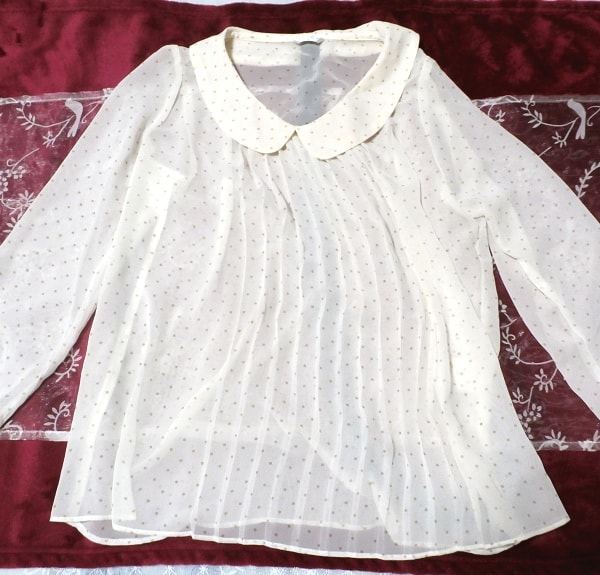 白色茶色水玉黒紐付きシースルーシフォンブラウストップス White brown polka dots see through chiffon blouse/tops